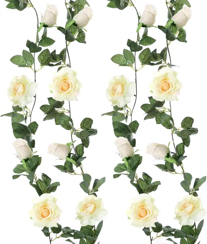 Miniatura 9 de Felice Arts Paquete de 2 guirnaldas de rosas artificiales color blanco crema de 6.5 pies cada guirnalda de rosas artificiales colgantes para arco