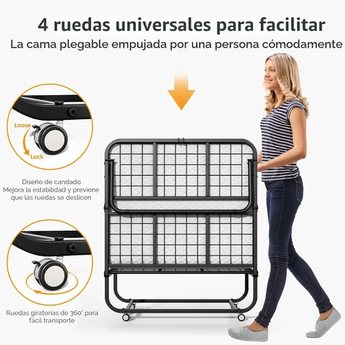Miniatura 4 de INTERGREAT Cama plegable, cama portátil de tamaño individual de 75 x 38 pulgadas para adultos, camas plegables de metal para huéspedes con ruedas