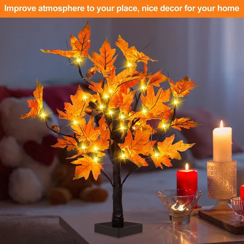 Miniatura 2 de S-Union Árbol de arce iluminado por LED de 24 pulgadas con 6 bellotas para decoraciones de Acción de Gracias Árbol de arce de 24 LED y 6 bellotas
