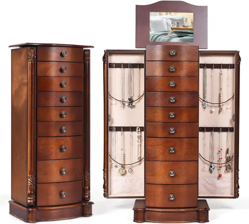 Miniatura 9 de Giantex Armario de joyería grande con 8 cajones y 2 puertas oscilantes 16 ganchos cajas de espejo superior soporte de pecho de almacenamiento