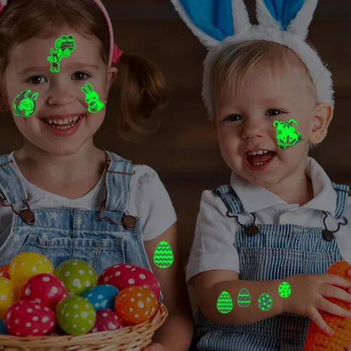 Miniatura 6 de CHARLENT Tatuajes temporales de Pascua que brillan en la oscuridad para niños, rellenos de cesta de Pascua, 74 hojas individuales, tatuajes