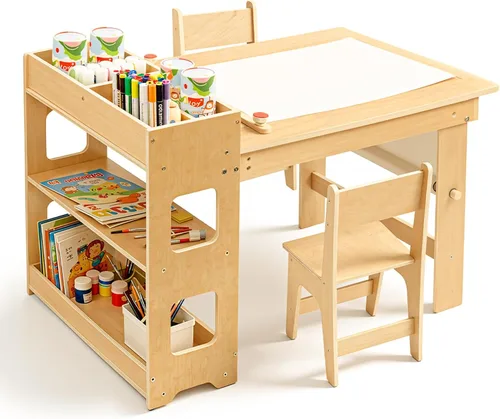 WINGYZ Mesa y sillas de arte para niños, mesa de actividades para niños pequeños y 2 sillas con armario de almacenamiento, mesa de manualidades 5 en
