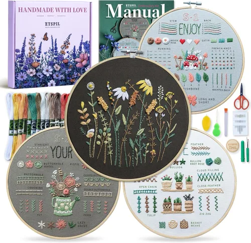 Miniatura 9 de ETSPIL Kit de bordado para adultos y adolescentes, paquete de 4 muestrarios florales, 2 aros ajustables, tela preimpresa, 17 hilos vibrantes, 16