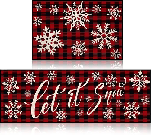Ceenna Tapete decorativo de invierno para cocina, 2 unidades, con diseño de nieve Let It Snow, lavable, antideslizante, tapete rojo y negro a