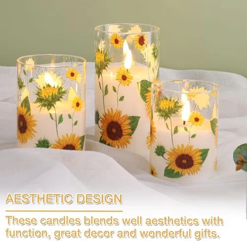 Miniatura 6 de Juego de 3 velas de pilar sin llama de vidrio de girasol con control remoto, velas LED parpadeantes para decoración del hogar de verano