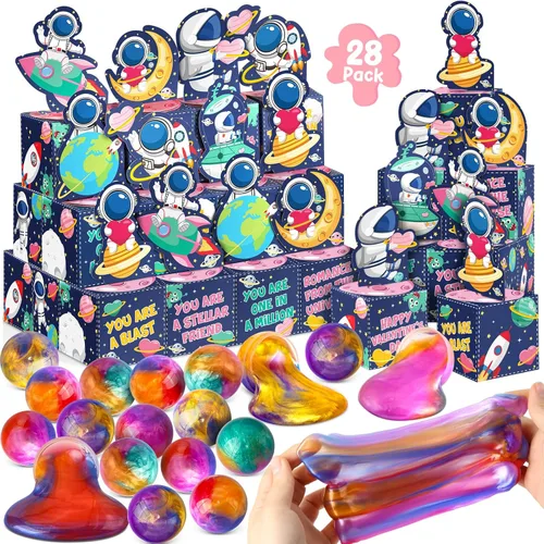 SURCVIO Paquete de 28 regalos para el día de San Valentín para niños, limo de galaxia con caja de tarjetas de felicitación, juguete para aliviar el