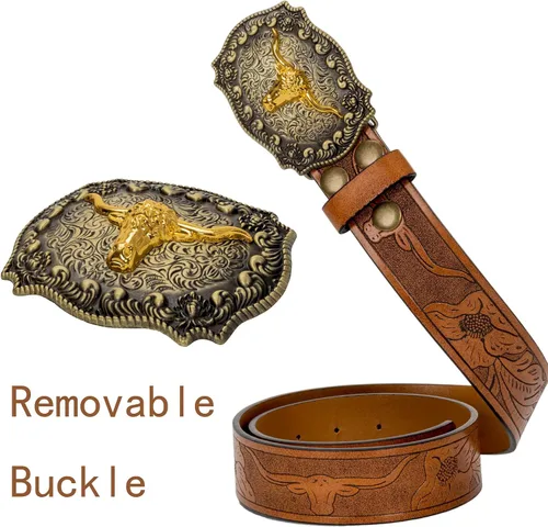 Miniatura 4 de Rodeo Western-Longhorn-Bull Cowboy-Belt para mujeres y hombres, cinturón de piel sintética con relieve floral para jeans