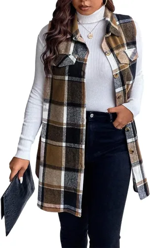 Miniatura 3 de Mina self Chaleco a cuadros para mujer, largo a la moda, casual, sin mangas, con botones y parte delantera abierta, con bolsillos
