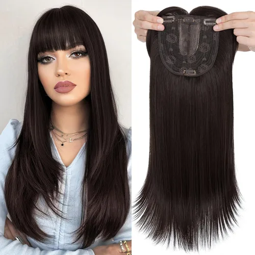 Miniatura 13 de MY-LADY Toppers para mujer con cabello fino de 14 pulgadas, 6 x 6 pulgadas, con base de encaje y flequillo lateral con clip en extensiones