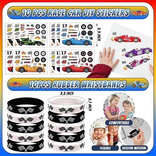 Miniatura 5 de Juego de 120 piezas de regalos de fiesta de coche de carreras con llaveros, pulseras de golpear, pegatinas de tatuajes, pulseras, cajas