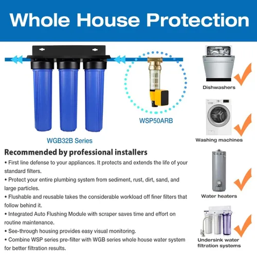 Miniatura 2 de iSpring WSP100ARB - Filtro de agua de sedimentos giratorio, reutilizable con módulo de descarga automática de pantalla táctil y raspador de carcasa