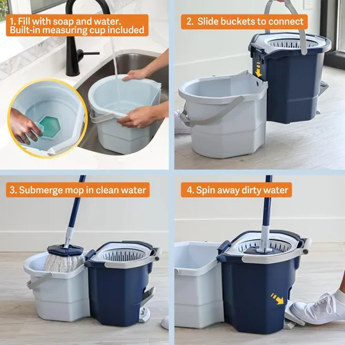 Miniatura 6 de Sistema de trapeador giratorio Casabella con recambio de cabezal de trapeador extra - Diseño de dos cubos con protector contra salpicaduras, taza