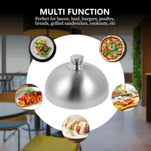 Miniatura 5 de Hemoton Cubierta de acero inoxidable de 10 pulgadas para alimentos, tapa de cúpula con asa para filete Teppanyaki antisalpicaduras de aceite, tapa