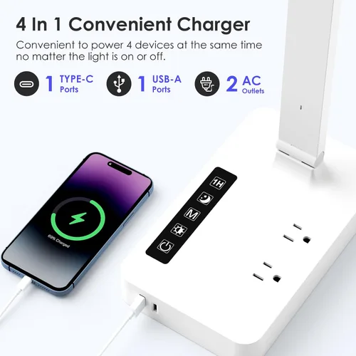Miniatura 2 de Infiway Lámparas LED de escritorio para oficina en casa: lámpara de escritorio con puerto de carga USB - 1 USB-A, 1 puerto tipo C, 2 tomas de Blanco