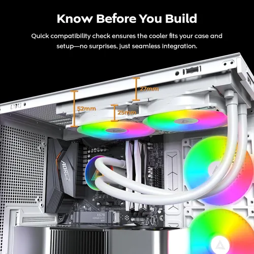 Miniatura 27 de MONTECH HyperFlow Digital 240 - Enfriador líquido de CPU, AIO de 9.449 in con bomba de 3100 RPM, 2 ventiladores E28 ARGB de 4.724 in, pantalla