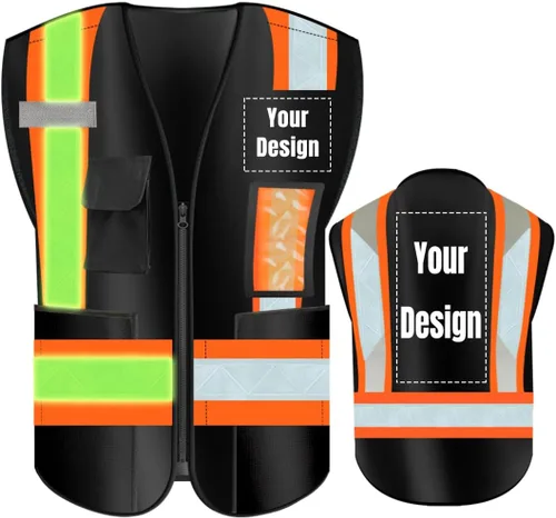 Miniatura 10 de Chaleco de seguridad de alta visibilidad con bolsillos de gran tamaño, personaliza tu logotipo Hi Vis, chaleco de seguridad reflectante Negro
