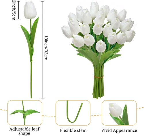 Miniatura 2 de Ouddy Decor 30 piezas de tulipanes blancos artificiales de poliuretano de tacto real, tulipanes falsos para primavera y verano, ramo floral, mesa
