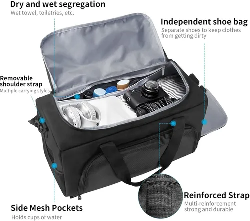 Miniatura 3 de Bolsa de lona para gimnasio, bolsa de lona pequeña de 20 pulgadas con bolsillo húmedo y compartimento para zapatos para viajes, deportes, fin
