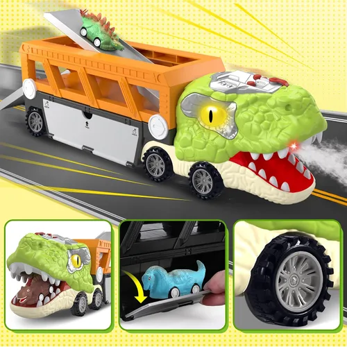 Miniatura 3 de SpringFlower Juguetes de dinosaurio 11 en 1, juguetes de dinosaurio para niños de 3 a 5 años, camión de dinosaurios con 10 autos de tracción hacia
