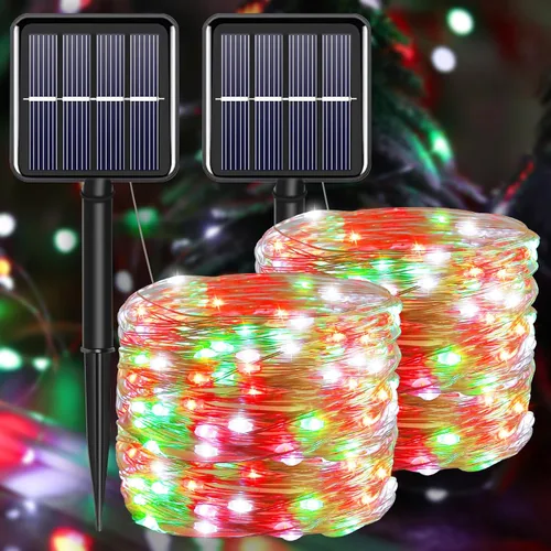 Miniatura 16 de Tira de luces solares azules de Navidad al aire libre impermeables, 2 paquetes, total 200 LED, 20.1 m, 8 modos, luces de hadas de cobre