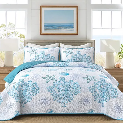 Miniatura 12 de DJY Beach Quilt Set Queen Size,3 Piece Coastal Ocean Summer Bedspread Coverlet Set with 2 Pillow Cases Lightweight Soft Microfiber Nautical Bedding