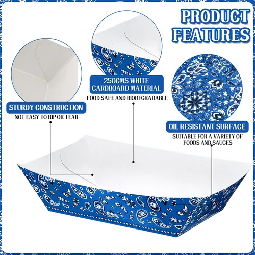 Miniatura 3 de Gejoy 120 platos de fiesta del oeste de 1 libra, platos de vaquero a granel, bandejas de papel para comida de Rodeo Cholo fiesta 250 aniversario Azul