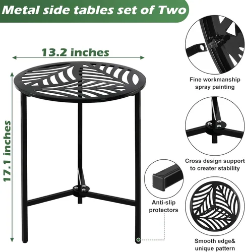Miniatura 3 de Party Zealot Juego de 2 mesas auxiliares pequeñas redondas de metal, mesas de esquina de 33 cm negras para exteriores, para patio, balcón, porche u