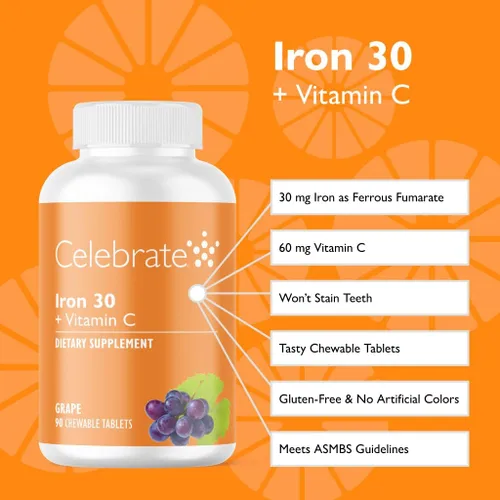 Miniatura 2 de Celebra vitaminas hierro con vitamina C masticables, 30 mg de hierro, uva, vitaminas bariátricas para pacientes con WLS, incluyendo gastrectomía