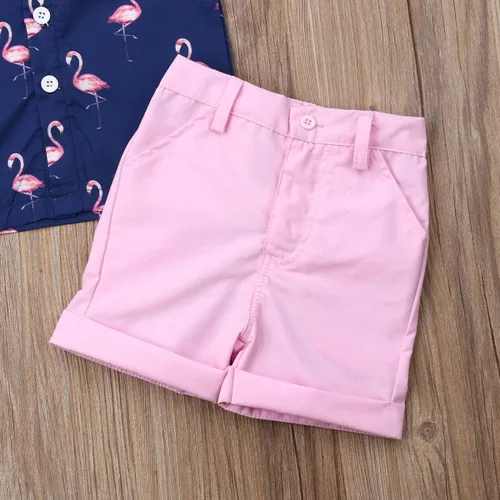 Miniatura 6 de Conjunto de camisa de manga corta con botones y pantalones cortos casuales con diseño de flamingo, para bebés y niños de 1 a 6 años, atuendos