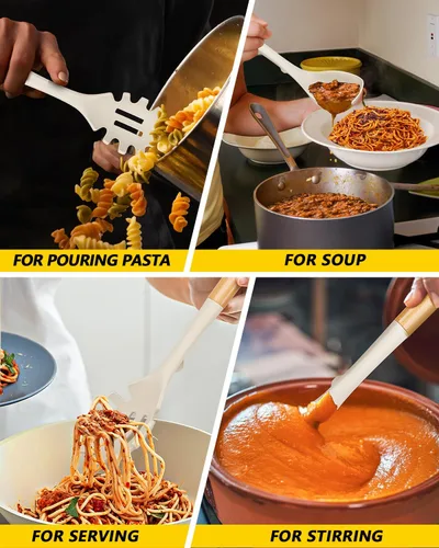 Miniatura 5 de Juego de cucharón de sopa de silicona y cuchara de espagueti con mango de madera, utensilios de cocina antiadherentes resistentes al calor para Caqui