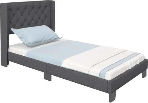 Miniatura 9 de Giantex Base de cama individual para niños, cama tapizada de tela moderna con cabecera capitoné con botones en la parte trasera de alas, base