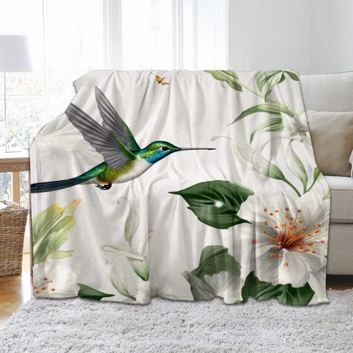 Miniatura 3 de TheBlackSpot Manta de franela de forro polar suave y cómoda con diseño de flores y hojas verdes, diseño de lirio y colibrí, para decoración de sofá