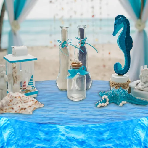 Miniatura 6 de Oudain Mantel redondo de plástico de 84 pulgadas con diseño de olas oceánicas, cubierta redonda para mesa de picnic con temática de océano azul