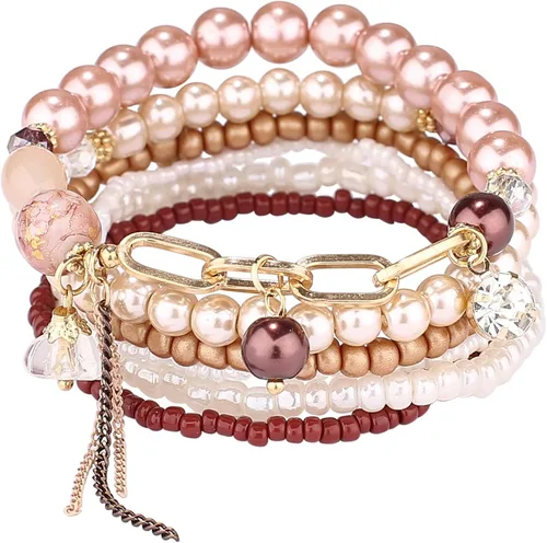Miniatura 5 de iYours 6 juegos de pulseras bohemias multicapa con borlas hechas a mano, pulseras envolventes para mujer, Sin gemas.