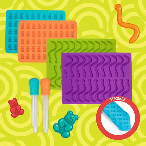 Miniatura 6 de Moldes de silicona para caramelos de oso y gusano, paquete de 4 moldes de chocolate sin BPA con 2 goteros, bandejas de hornear flexibles Oso de goma