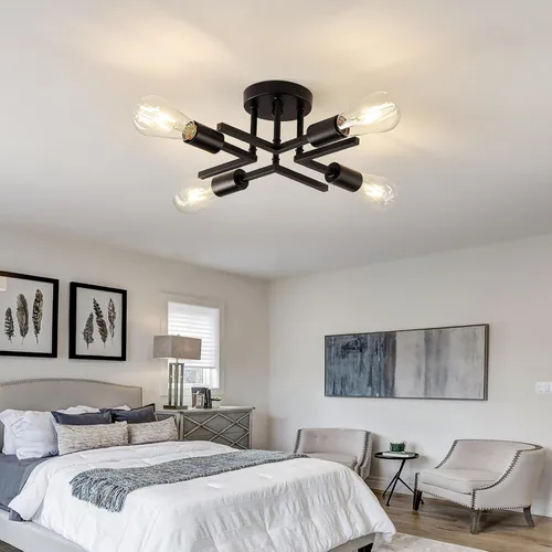Miniatura 9 de Accesorio de Lámpara de Techo Industrial Semiempotrada de 4 Luces, Candelabro Sputnik Moderno de Metal Negro con Base de Bombilla E26, Luz Pegada al