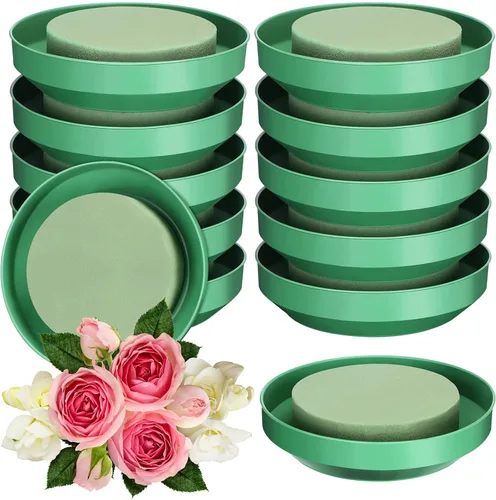 Juego de 12 juegos de espuma de flores grandes con tazón, bloques de espuma floral redondos de 6.5 pulgadas, suministros de arreglos florales verdes