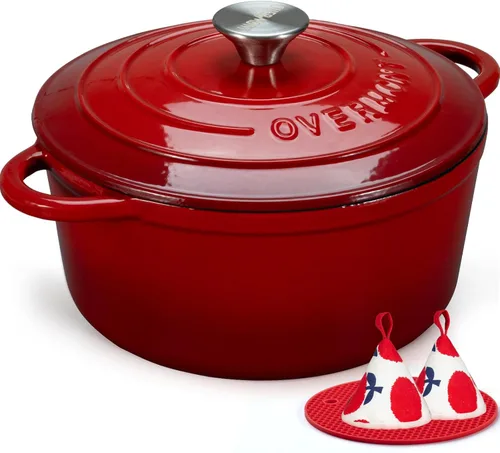Overmont - Horno holandés de hierro fundido esmaltado - Olla de 4.5QT con tapa, libro de cocina y paños de cocina de algodón - Utensilios de cocina