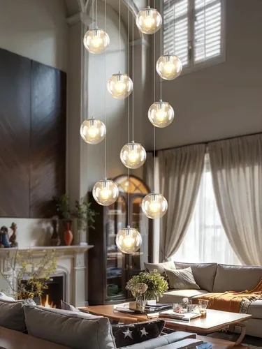 Miniatura 26 de ykolupty Escalera LED de 10 luces LED moderna con globo de cristal, lámpara colgante grande para techos altos, accesorios de iluminación de entrada