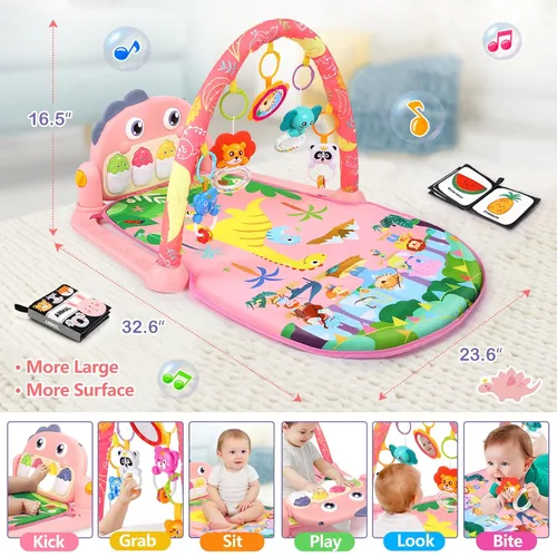 Miniatura 2 de UMIKU Tapete de juego para bebé, tapete para el tiempo boca abajo, centro de actividades musicales para bebés recién nacidos con música de piano
