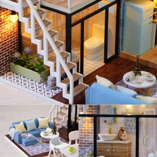 Miniatura 6 de TuKIIE Kit de casa de muñecas en miniatura con muebles, a escala 1:24, casa de muñecas de madera con accesorios, a prueba de polvo, con música
