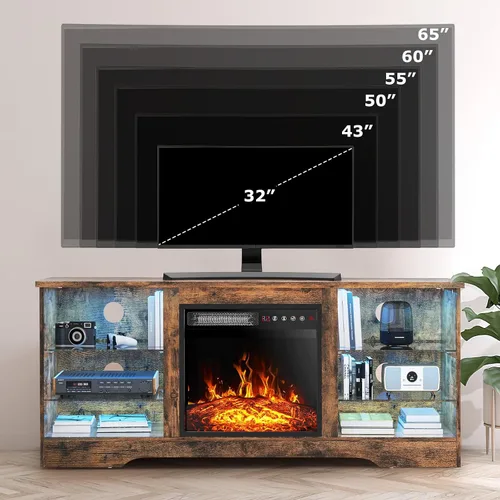 Miniatura 4 de PUKAMI Soporte de TV con chimenea de 18 pulgadas para sala de estar, centro de entretenimiento de 58 pulgadas con luces para las patas, gabinete