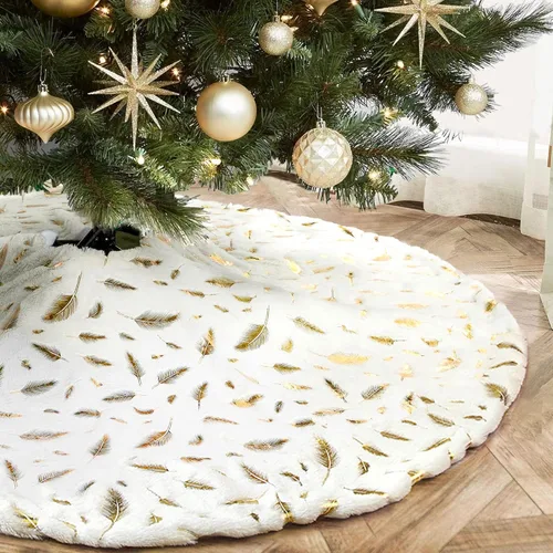 Miniatura 16 de NIBESSER Falda blanca para árbol de Navidad, falda de árbol de piel sintética de 48 pulgadas, alfombra de árbol de lentejuelas con plumas doradas