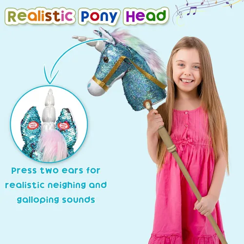 Miniatura 2 de HollyHOME Caballo de unicornio con lentejuelas, caballo de juguete artesanal con palo y ruedas de madera, sonidos reales de relincho y galope de Azul