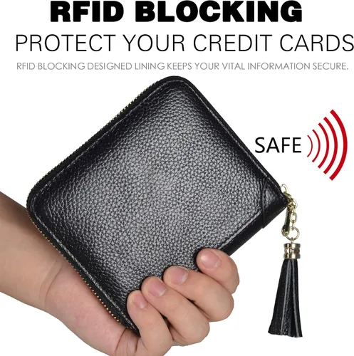 Miniatura 4 de Easyoulife Tarjetero de cuero con cremallera para mujer, bloqueo RFID