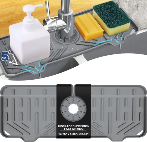 BFONS Bandeja de secado con mango de grifo de silicona, soporte para esponja de jabón, accesorios para cocina, encimera, baño, fregadero de cocina,