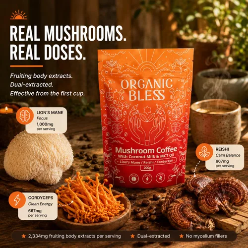 Miniatura 5 de Organic Bless Café instantáneo de hongos con melena de león, reishi y cordyceps – Leche de coco y aceite MCT para una energía suave y concentración