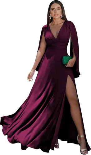 Miniatura 22 de Women's Long Sleeve Bridesmaid Dresses V-Neck Chiffon Ruched Formal Dress Evening Gown with Slit