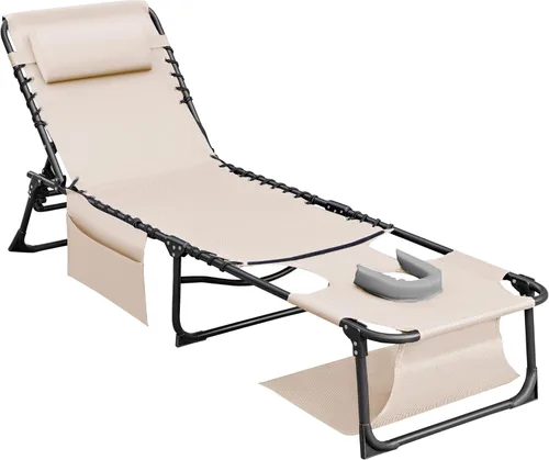 Flamaker Silla Tumbona boca abajo ajustable de 5 posiciones para tomar el sol, silla de bronceado plegable con agujeros para la cara y los brazos,