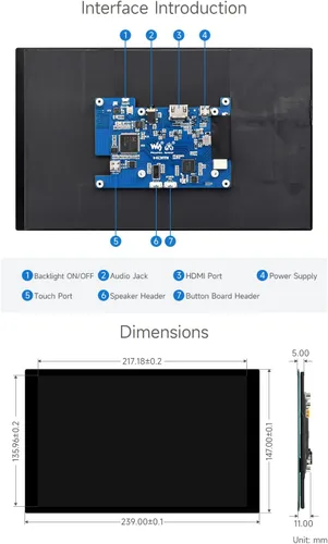Miniatura 6 de waveshare Pantalla táctil capacitiva IPS de 10.1 pulgadas, resolución de 1280 × 800, interfaz HDMI, compatible con Raspberry Pi 5/4B/3B/Zero/Zero